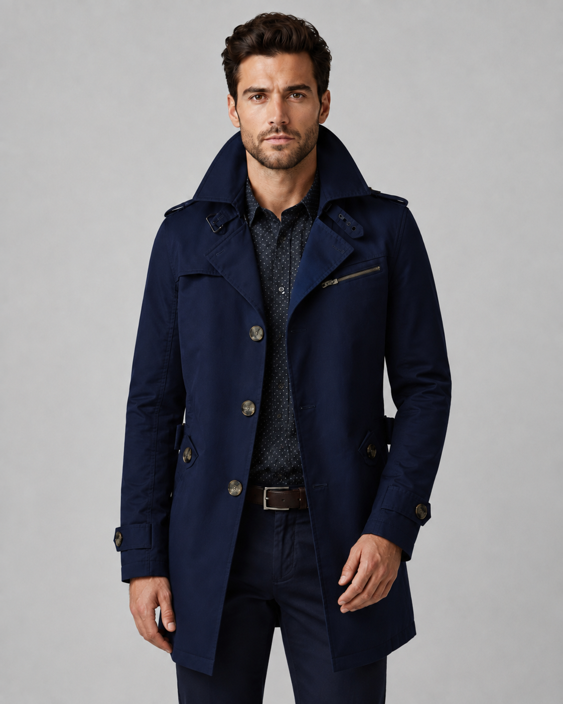 Men's Trench Coat - Button Front Epaulettes Mid-Length