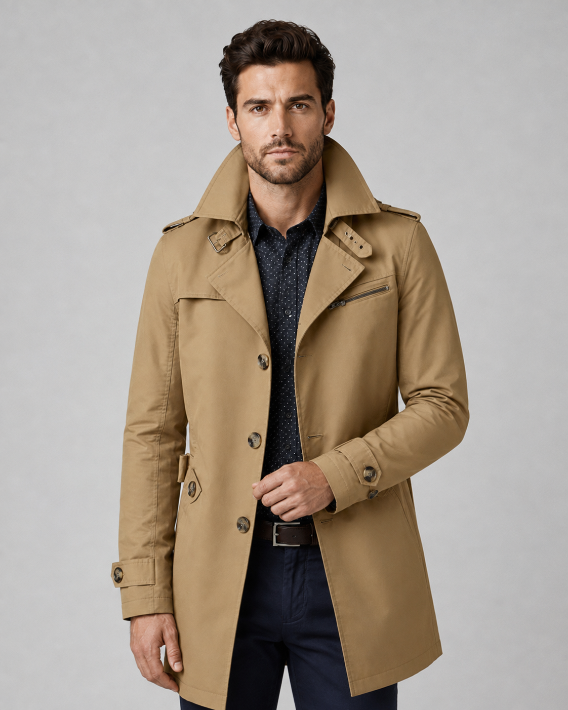 Men's Trench Coat - Button Front Epaulettes Mid-Length