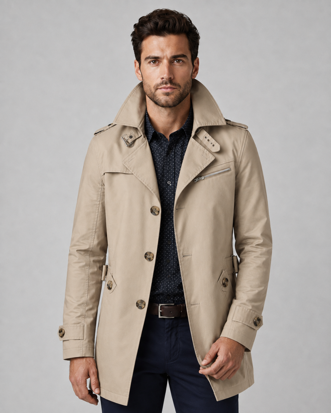 Men's Trench Coat - Button Front Epaulettes Mid-Length