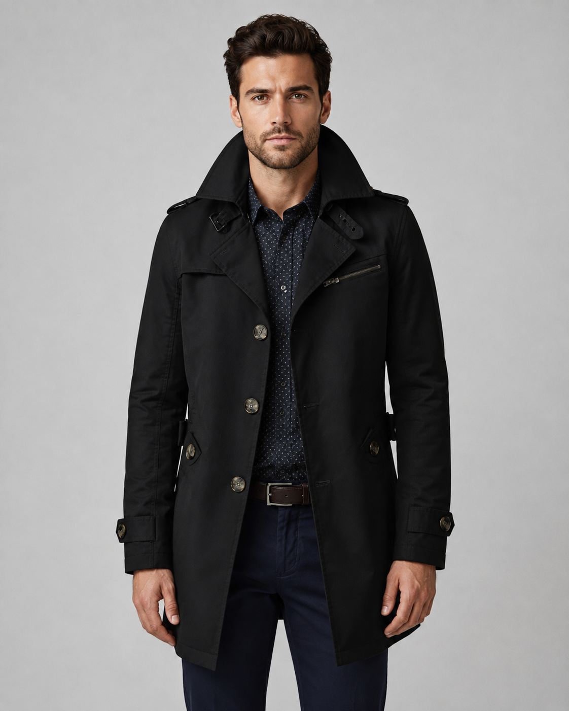 Men's Trench Coat - Button Front Epaulettes Mid-Length