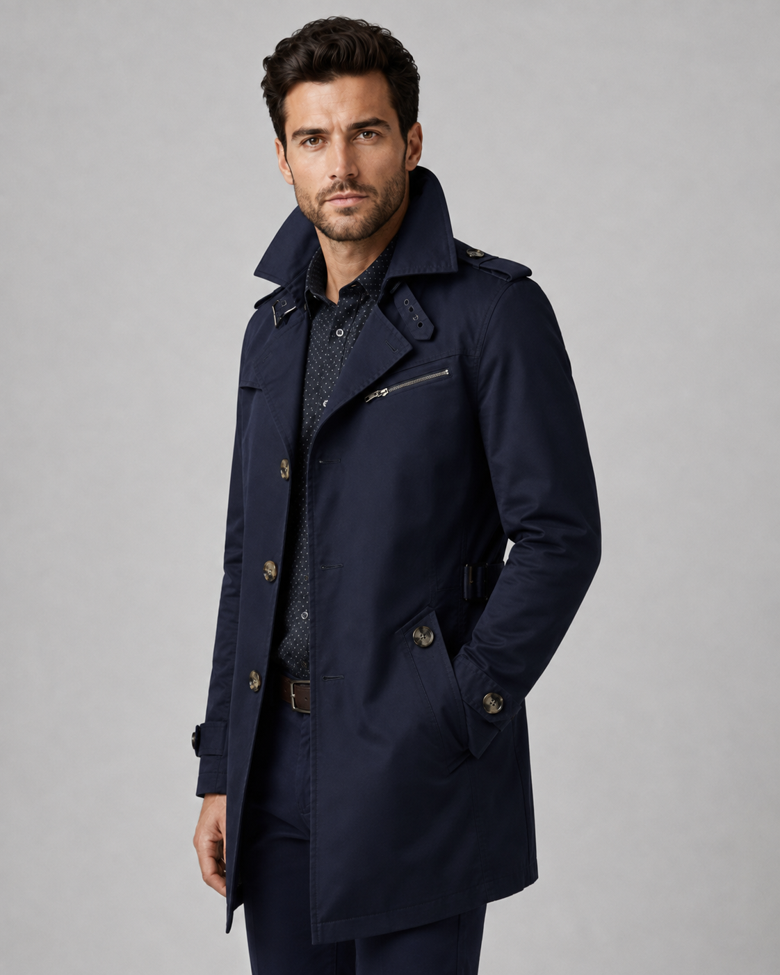Men's Trench Coat - Button Front Epaulettes Mid-Length