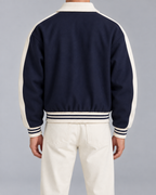 Men's Varsity Jacket - Navy Contrast Stripe Snap Button Relaxed Fit