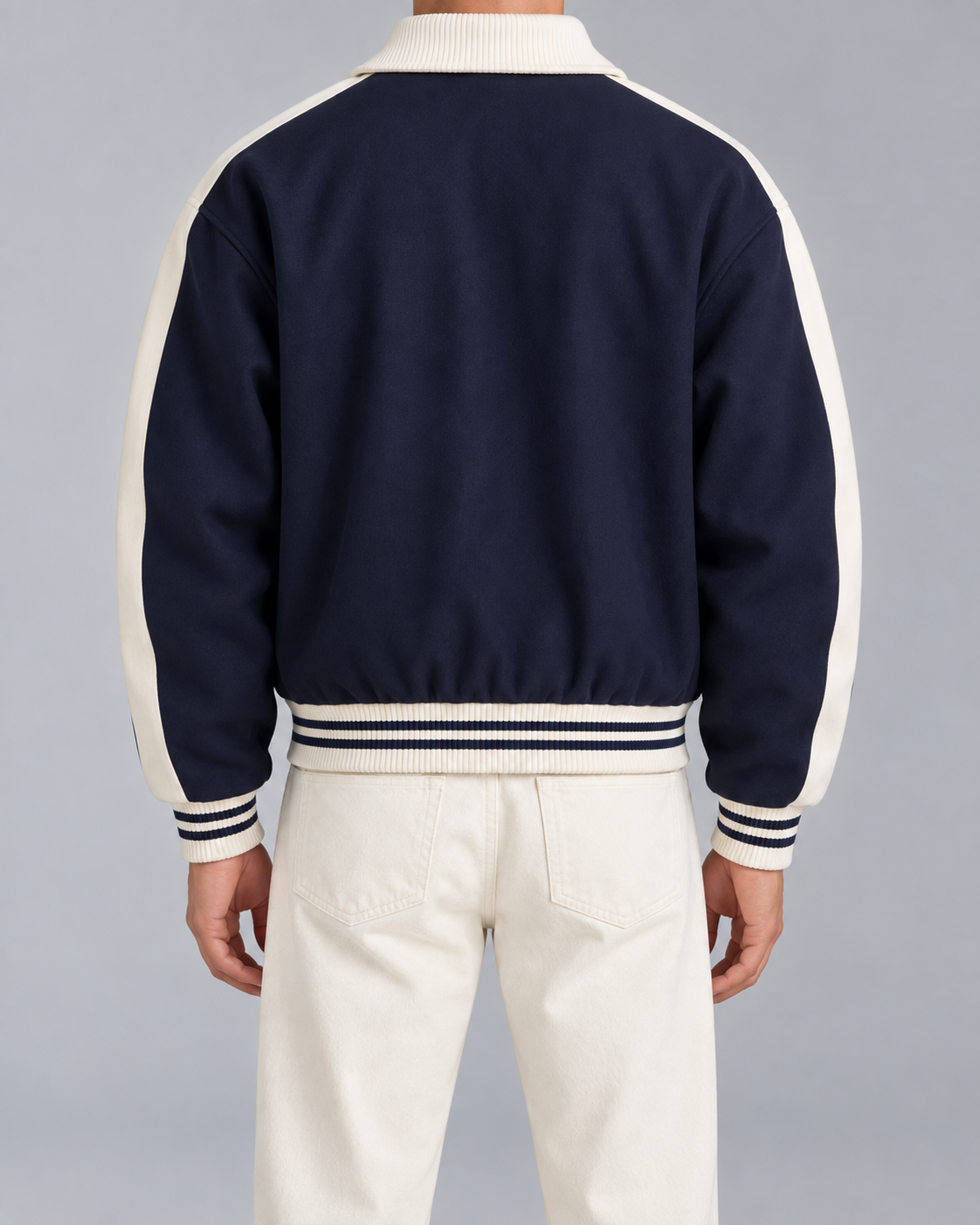 Men's Varsity Jacket - Navy Contrast Stripe Snap Button Relaxed Fit