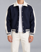Men's Varsity Jacket - Navy Contrast Stripe Snap Button Relaxed Fit