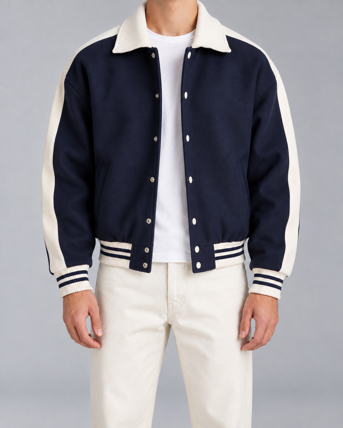 Men's Varsity Jacket - Navy Contrast Stripe Snap Button Relaxed Fit