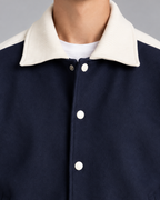 Men's Varsity Jacket - Navy Contrast Stripe Snap Button Relaxed Fit