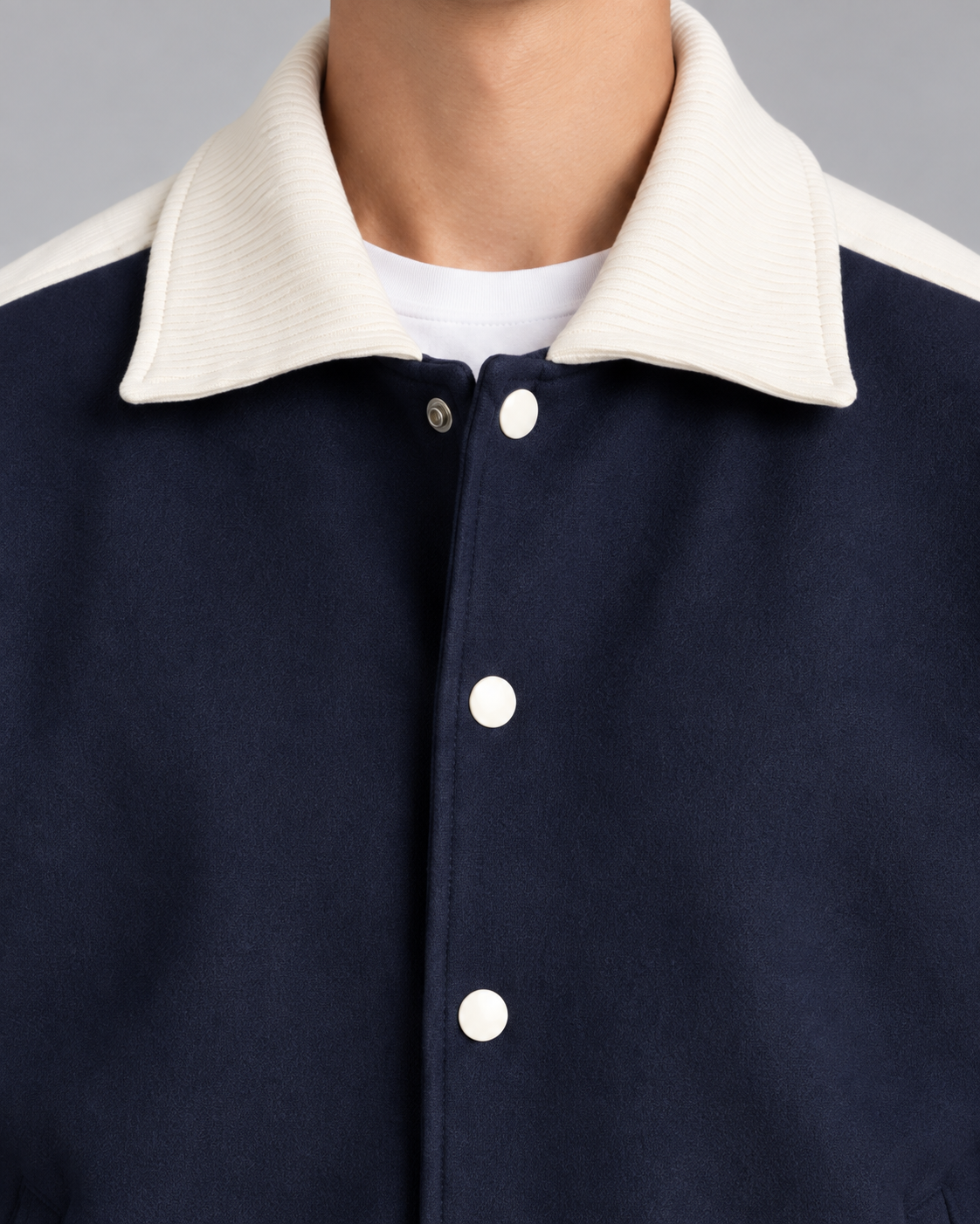 Men's Varsity Jacket - Navy Contrast Stripe Snap Button Relaxed Fit