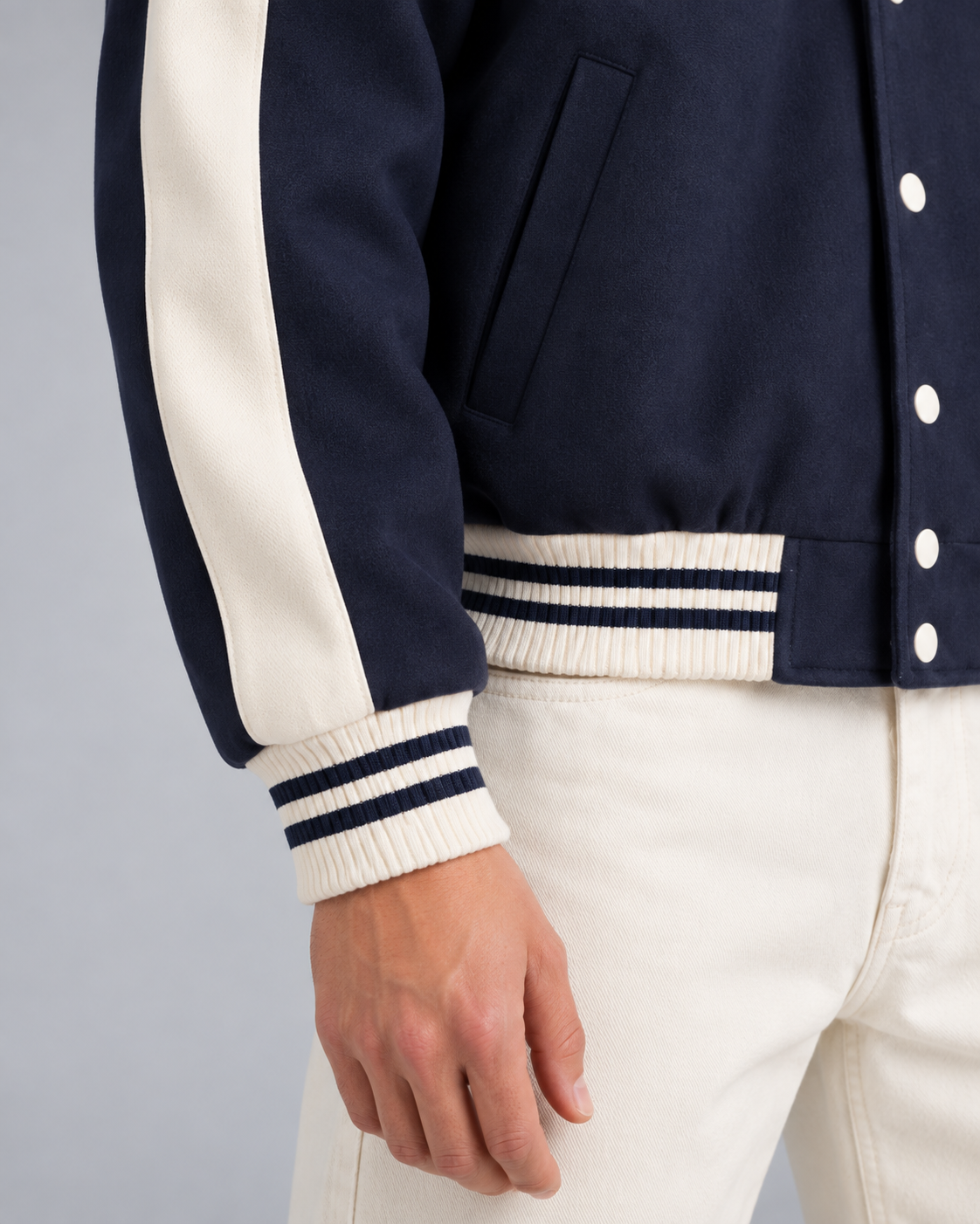 Men's Varsity Jacket - Navy Contrast Stripe Snap Button Relaxed Fit