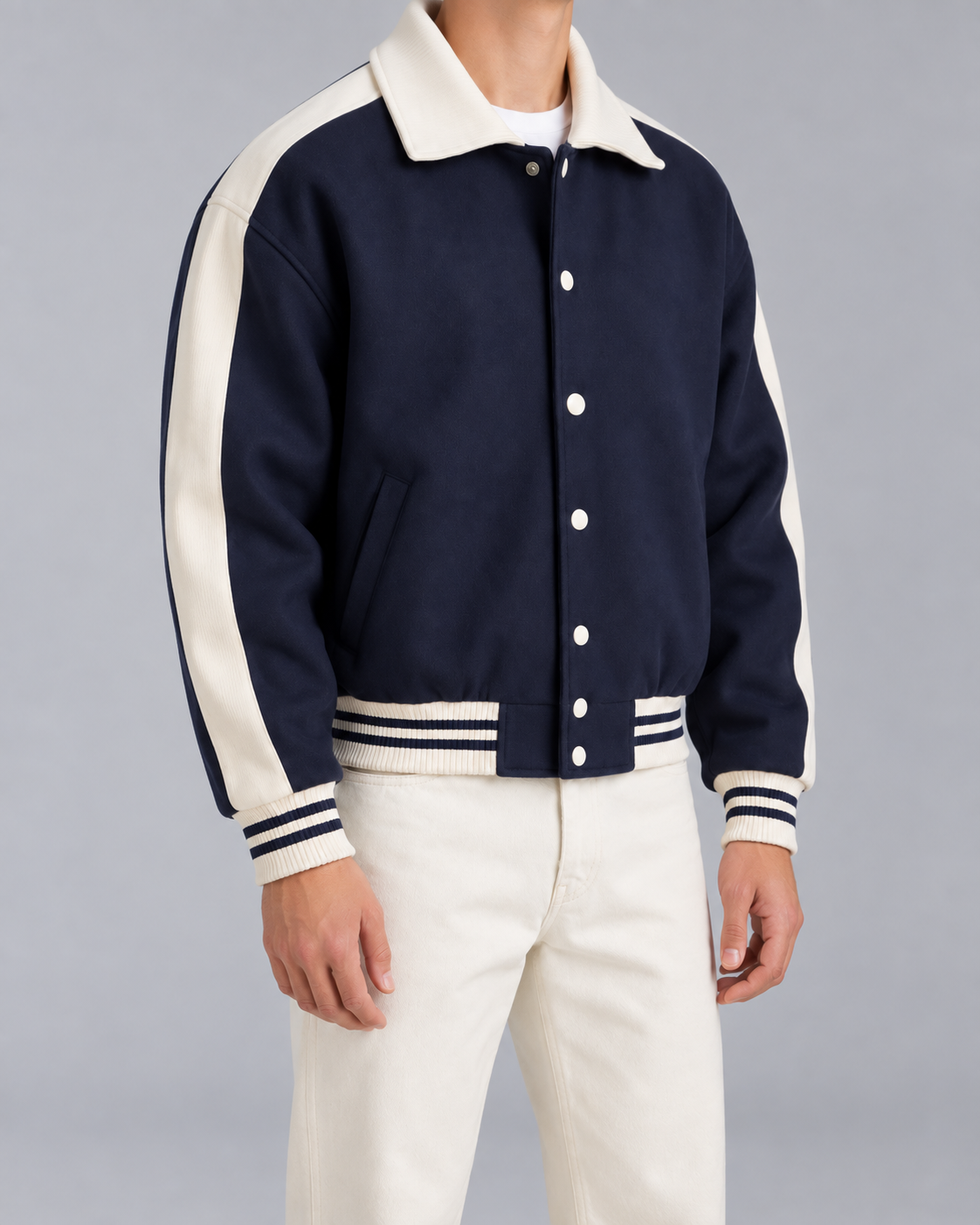 Men's Varsity Jacket - Navy Contrast Stripe Snap Button Relaxed Fit