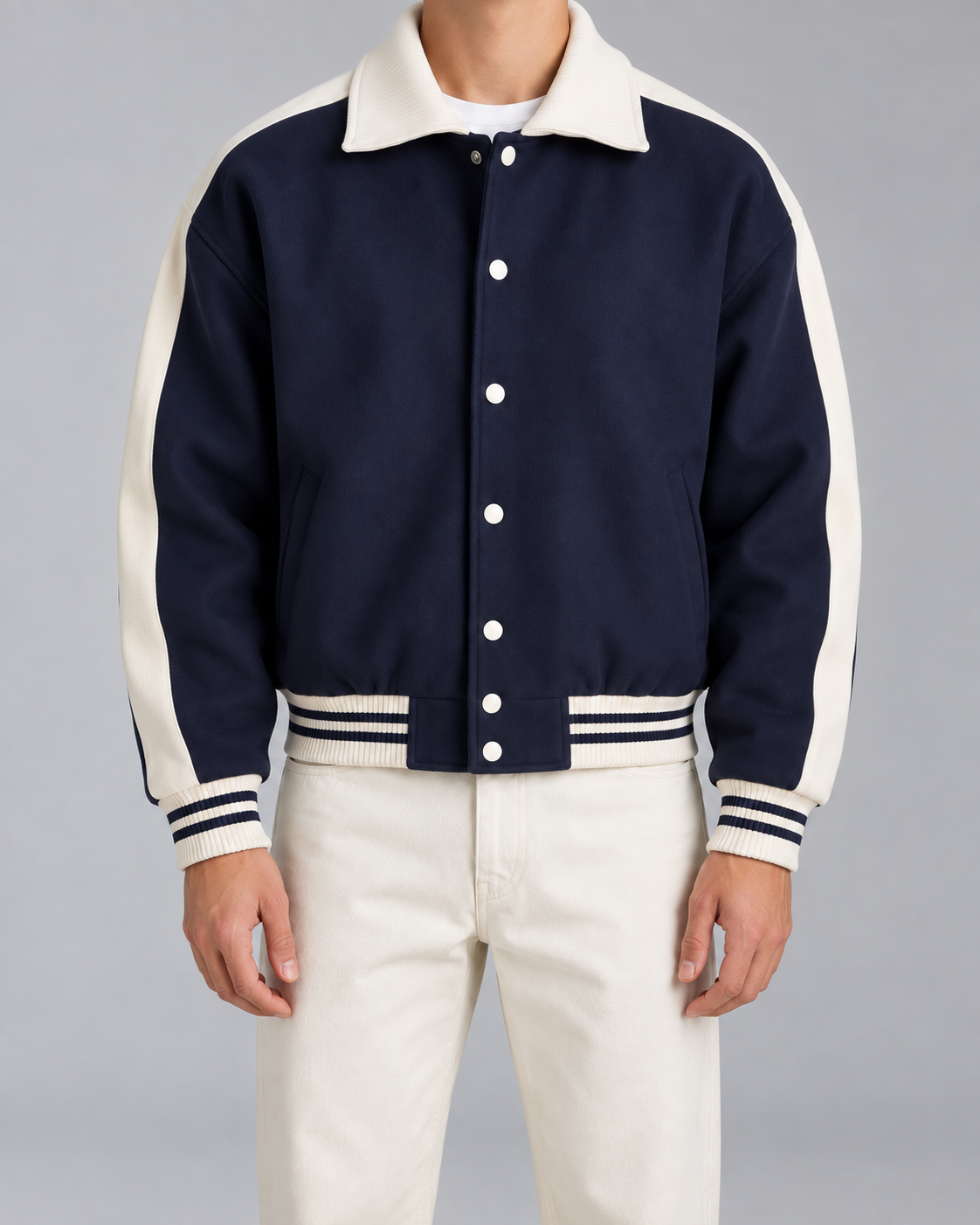 Men's Varsity Jacket - Navy Contrast Stripe Snap Button Relaxed Fit