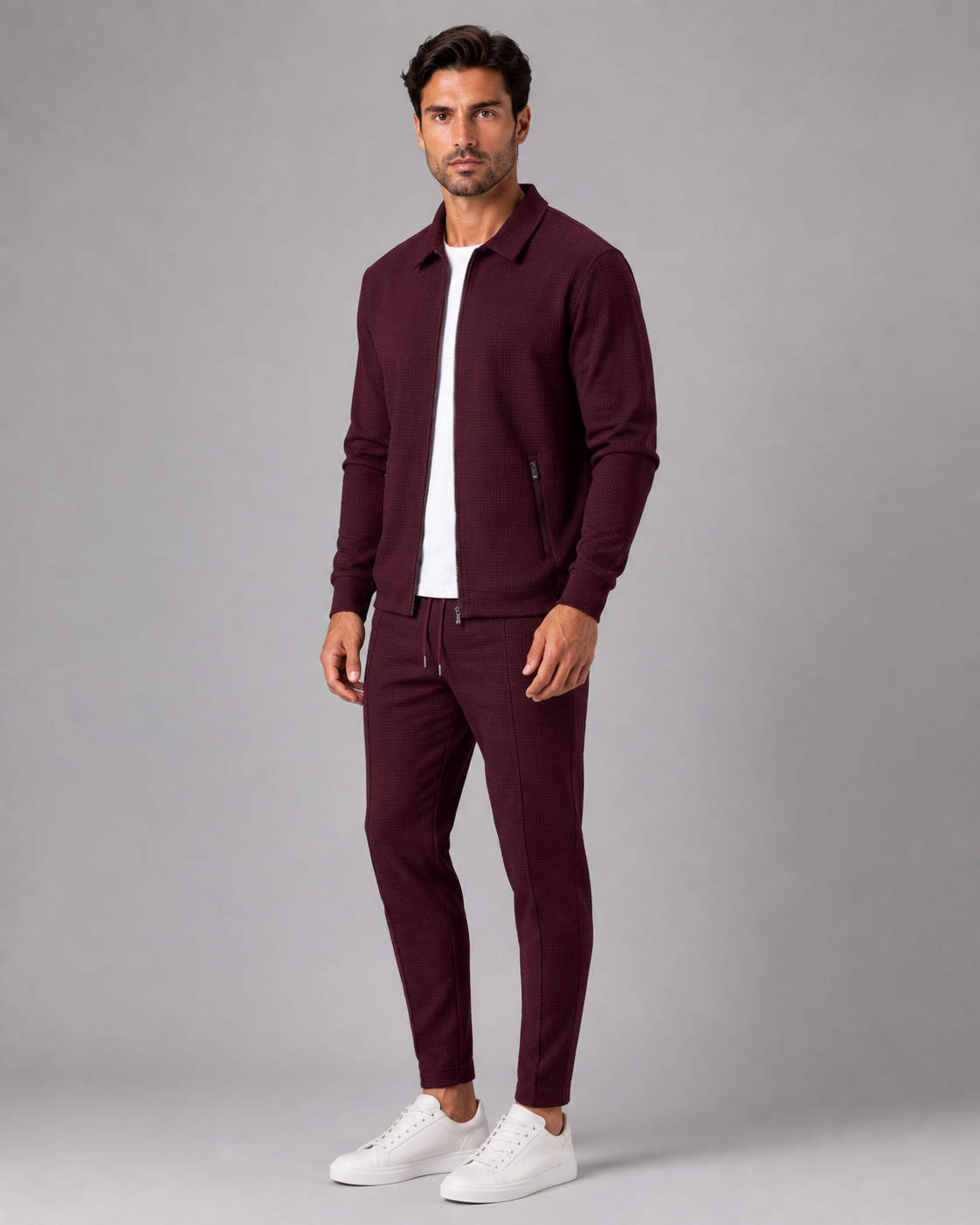 Men's Waffle Textured Tracksuit Set – Collared Zip Jacket & Pants