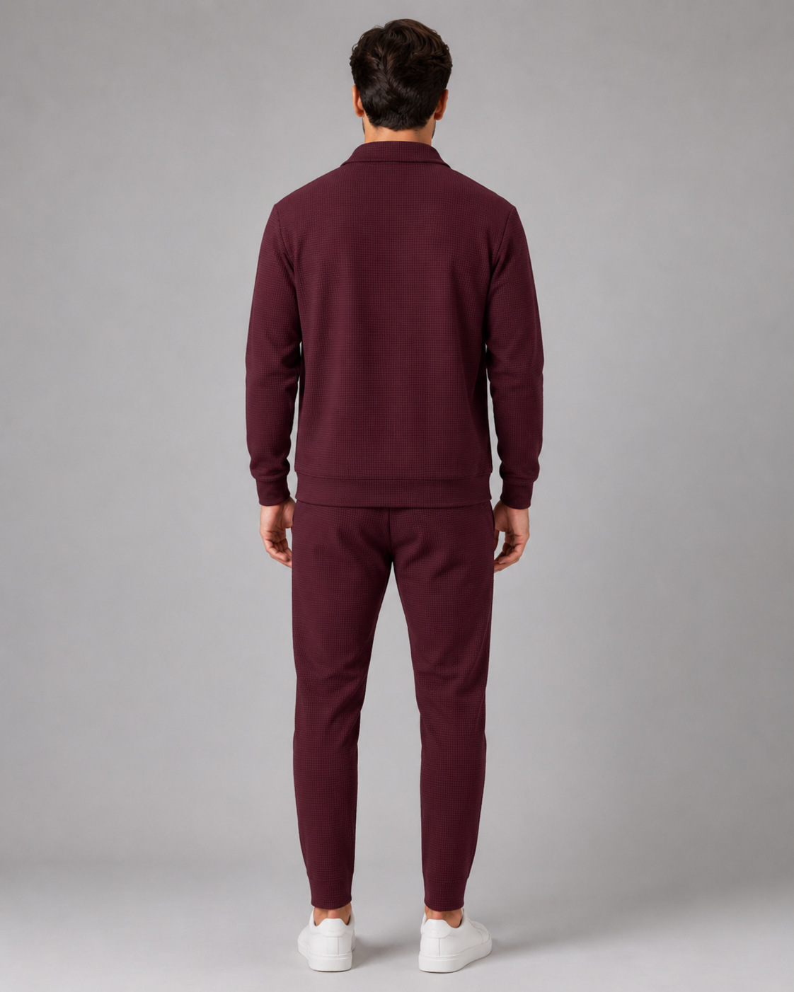 Men's Waffle Textured Tracksuit Set – Collared Zip Jacket & Pants