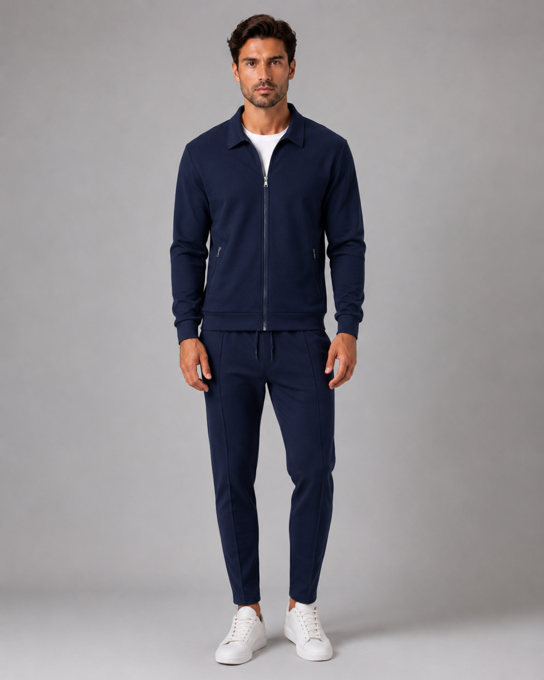 Men's Waffle Textured Tracksuit Set – Collared Zip Jacket & Pants
