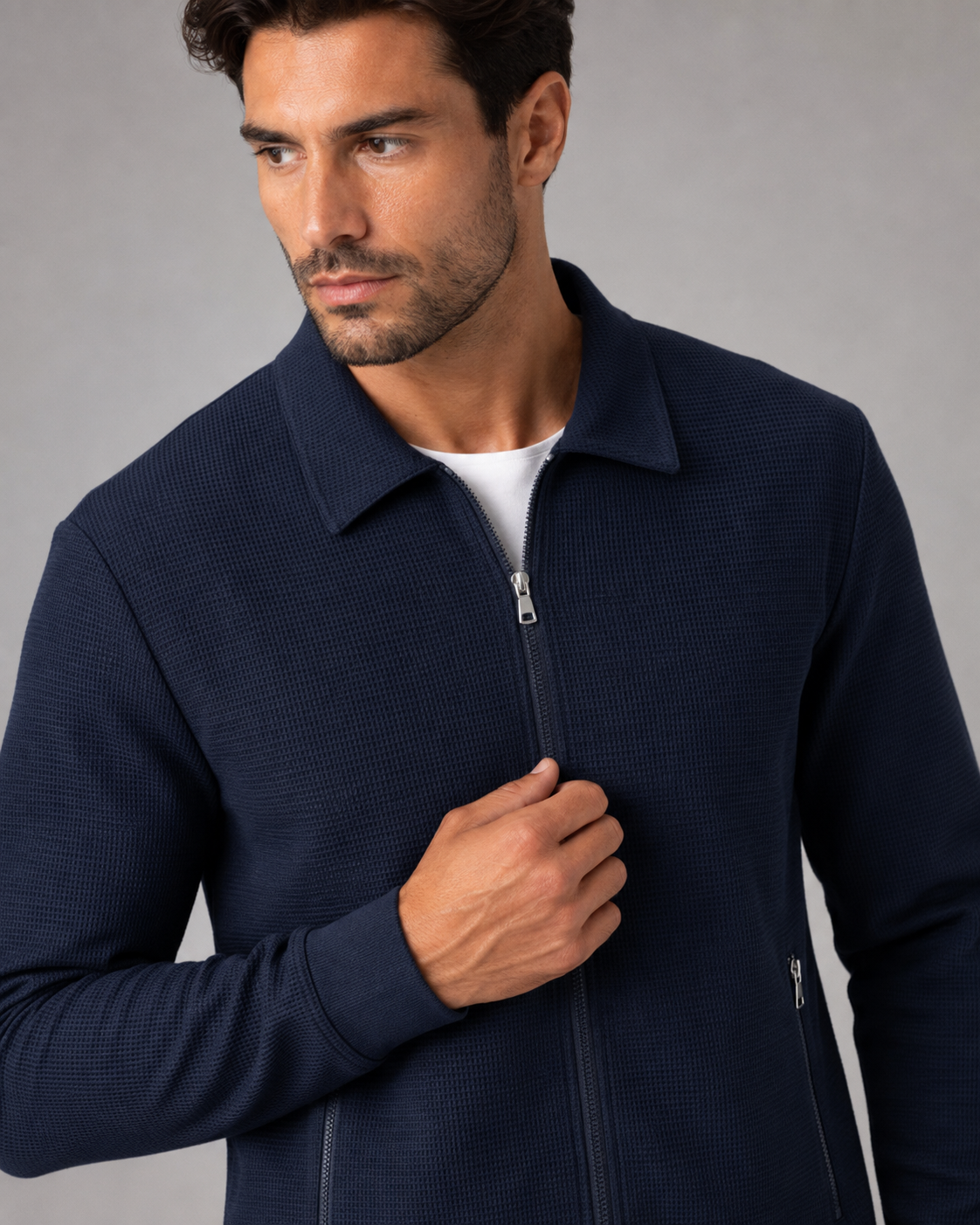 Men's Waffle Textured Tracksuit Set – Collared Zip Jacket & Pants