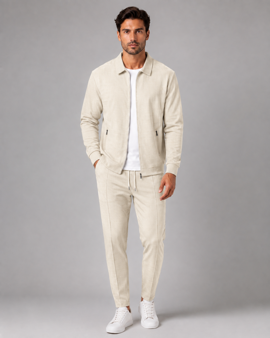 Men's Waffle Textured Tracksuit Set – Collared Zip Jacket & Pants