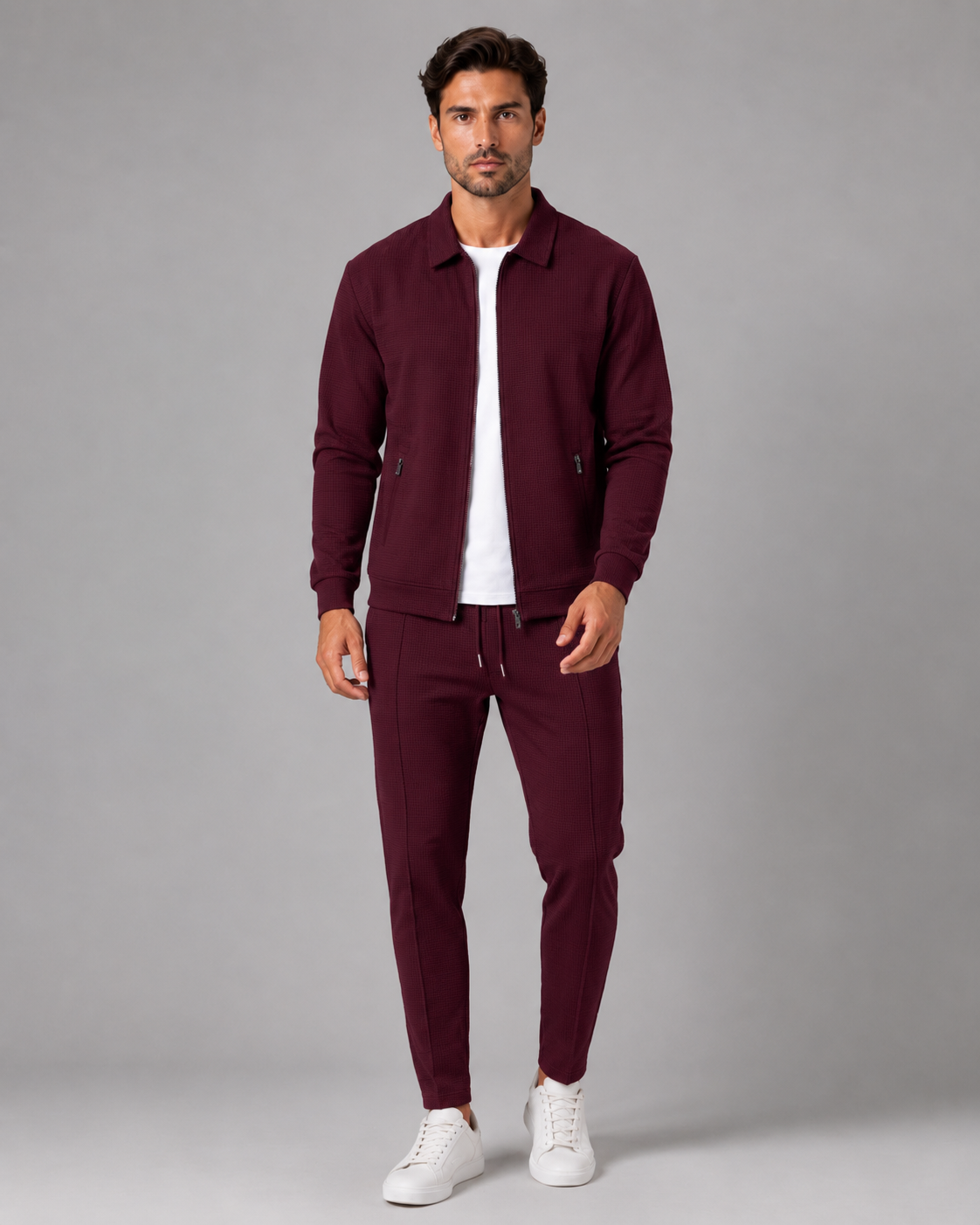 Men's Waffle Textured Tracksuit Set – Collared Zip Jacket & Pants