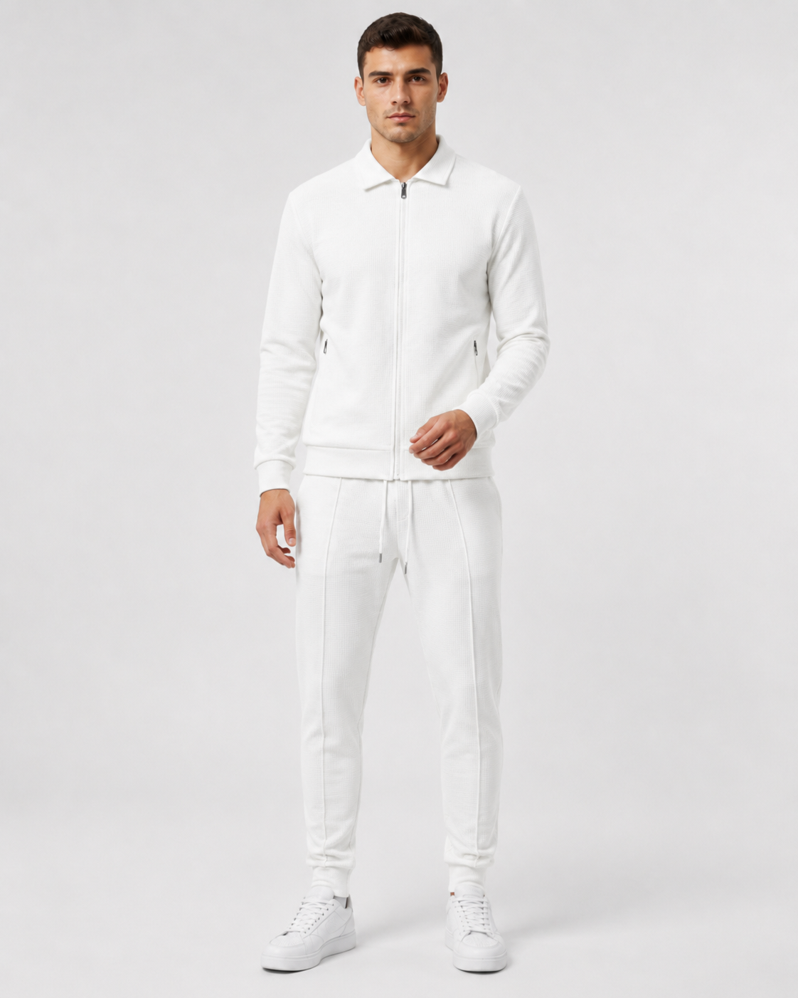 Men's Waffle Textured Zip Tracksuit Set - Collared Top & Joggers