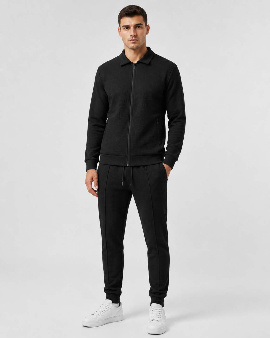 Men's Waffle Textured Zip Tracksuit Set - Collared Top & Joggers