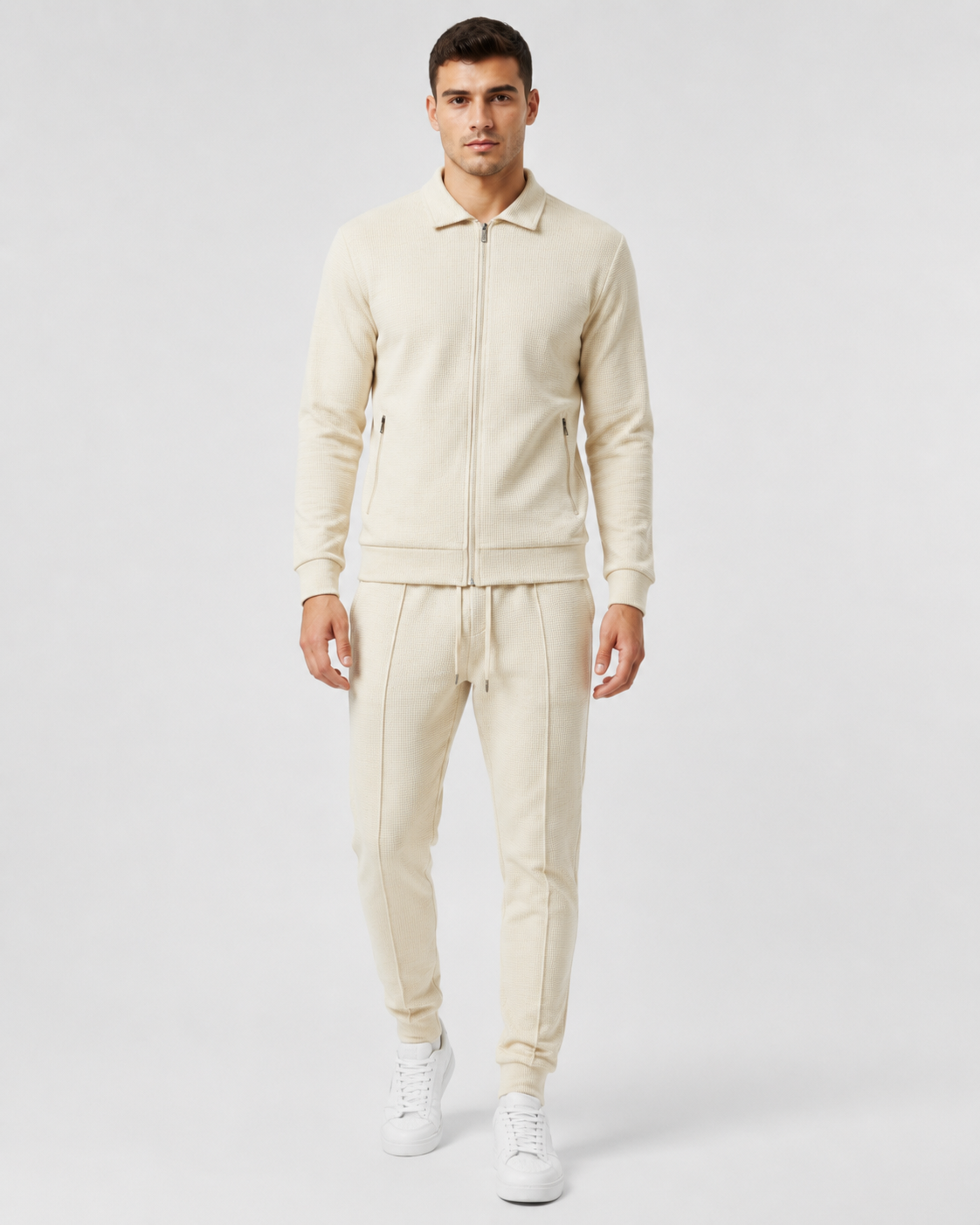 Men's Waffle Textured Zip Tracksuit Set - Collared Top & Joggers