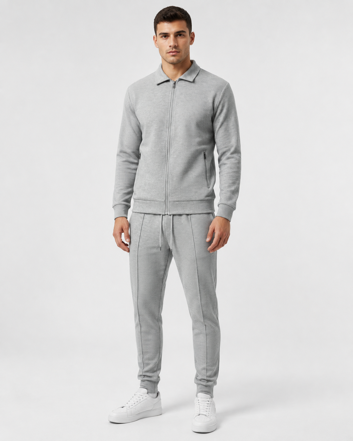 Men's Waffle Textured Zip Tracksuit Set - Collared Top & Joggers