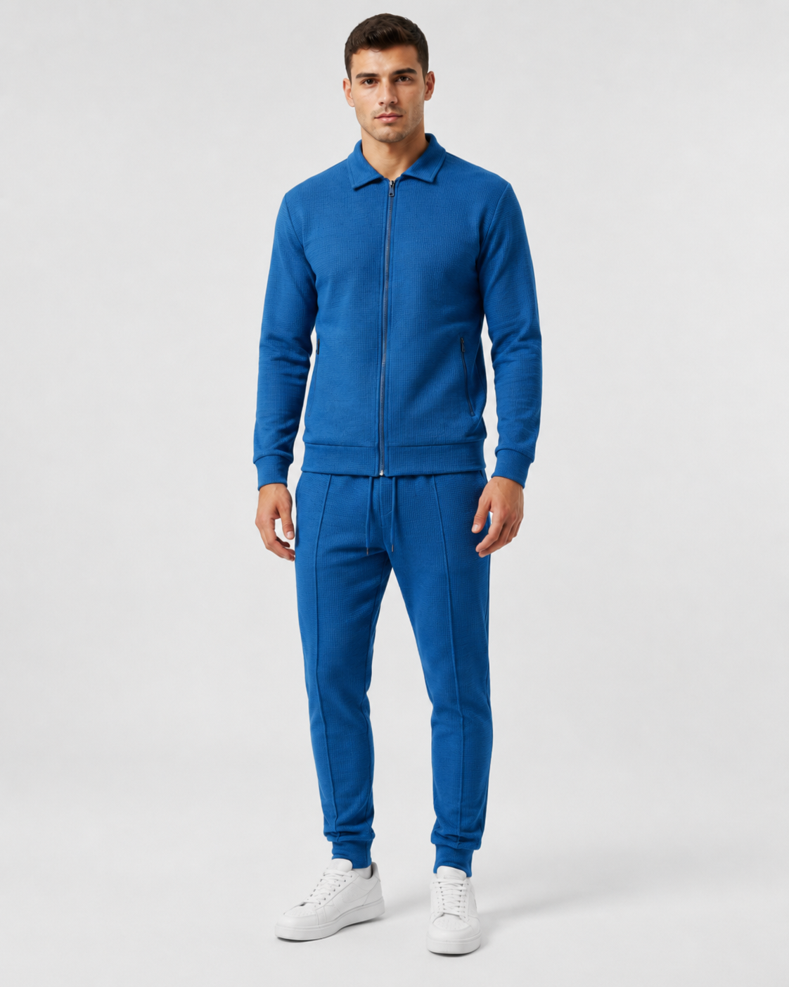 Men's Waffle Textured Zip Tracksuit Set - Collared Top & Joggers