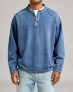 Men's Washed Henley Sweatshirt - Relaxed Fit Button Placket