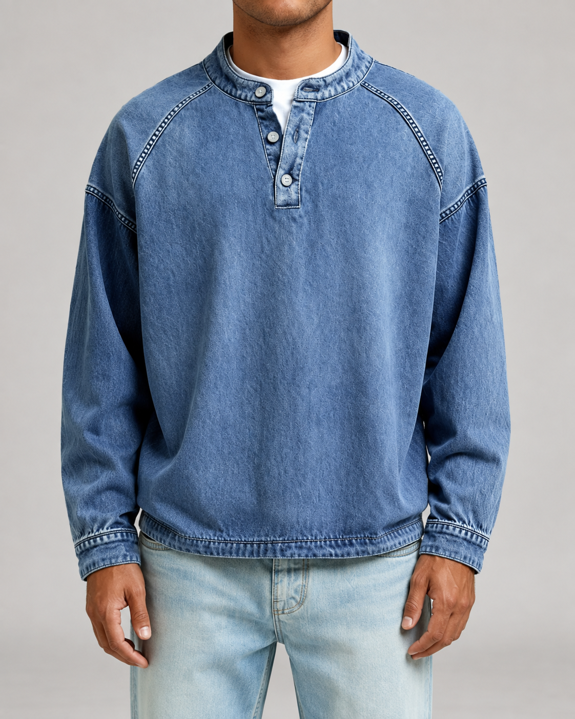 Men's Washed Henley Sweatshirt - Relaxed Fit Button Placket