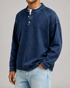 Men's Washed Henley Sweatshirt - Relaxed Fit Button Placket