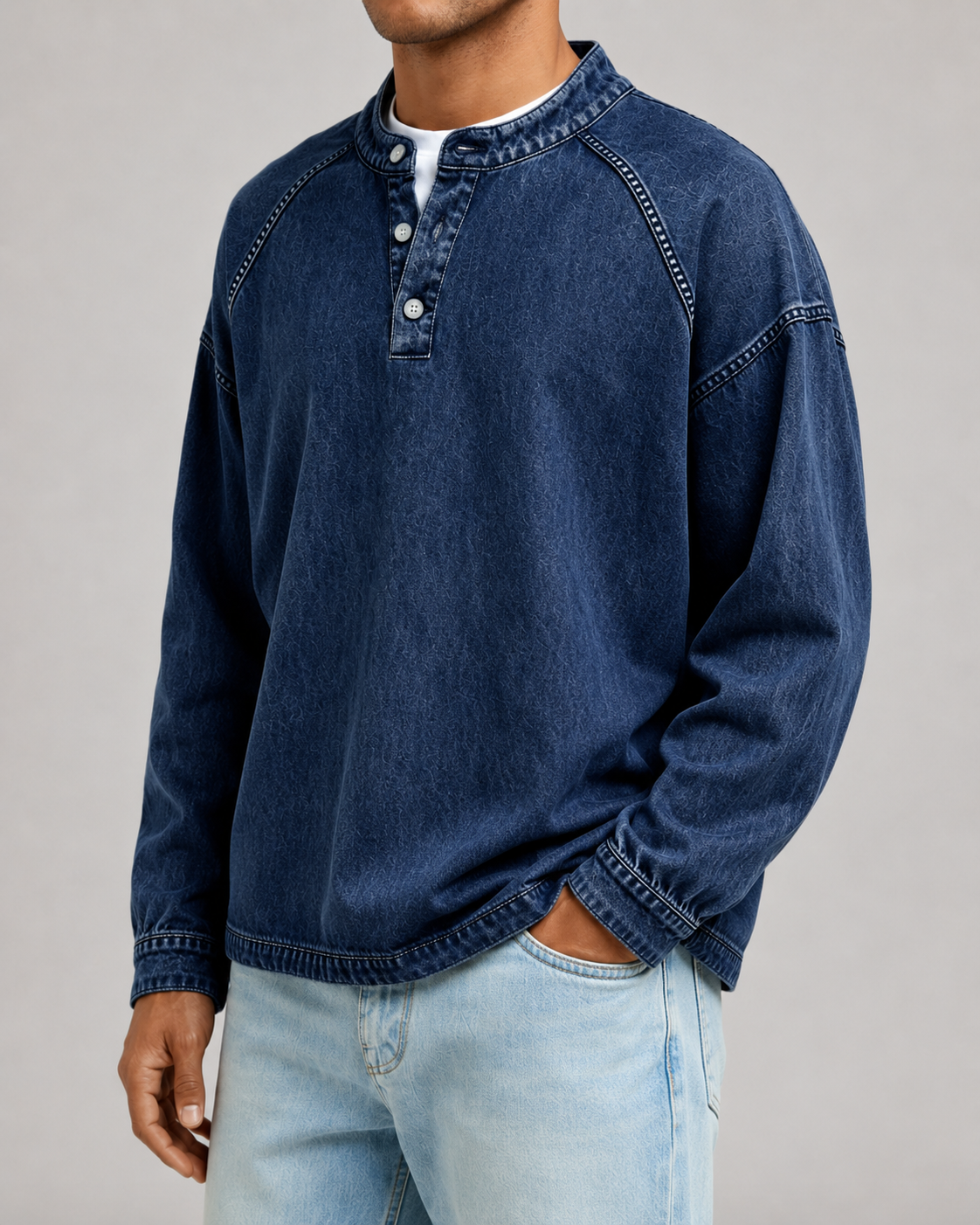Men's Washed Henley Sweatshirt - Relaxed Fit Button Placket