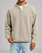 Men's Washed Henley Sweatshirt - Relaxed Fit Button Placket