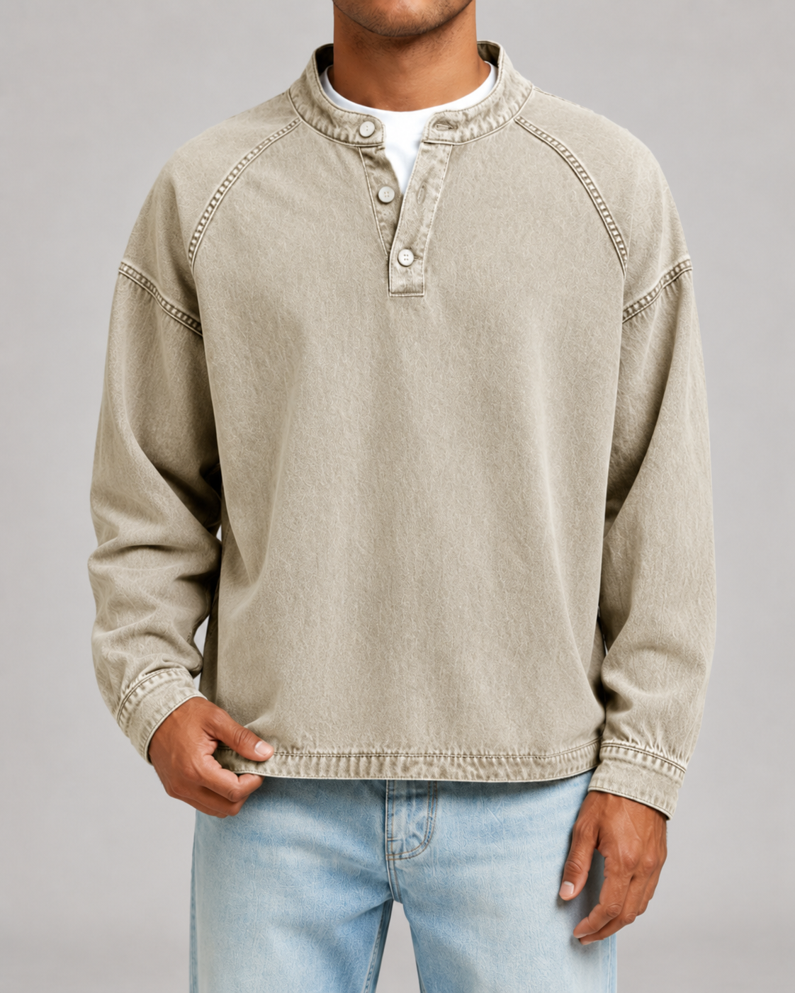 Men's Washed Henley Sweatshirt - Relaxed Fit Button Placket