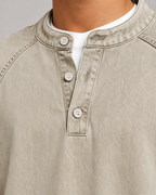 Men's Washed Henley Sweatshirt - Relaxed Fit Button Placket