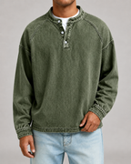 Men's Washed Henley Sweatshirt - Relaxed Fit Button Placket