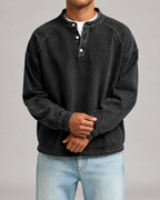 Men's Washed Henley Sweatshirt - Relaxed Fit Button Placket