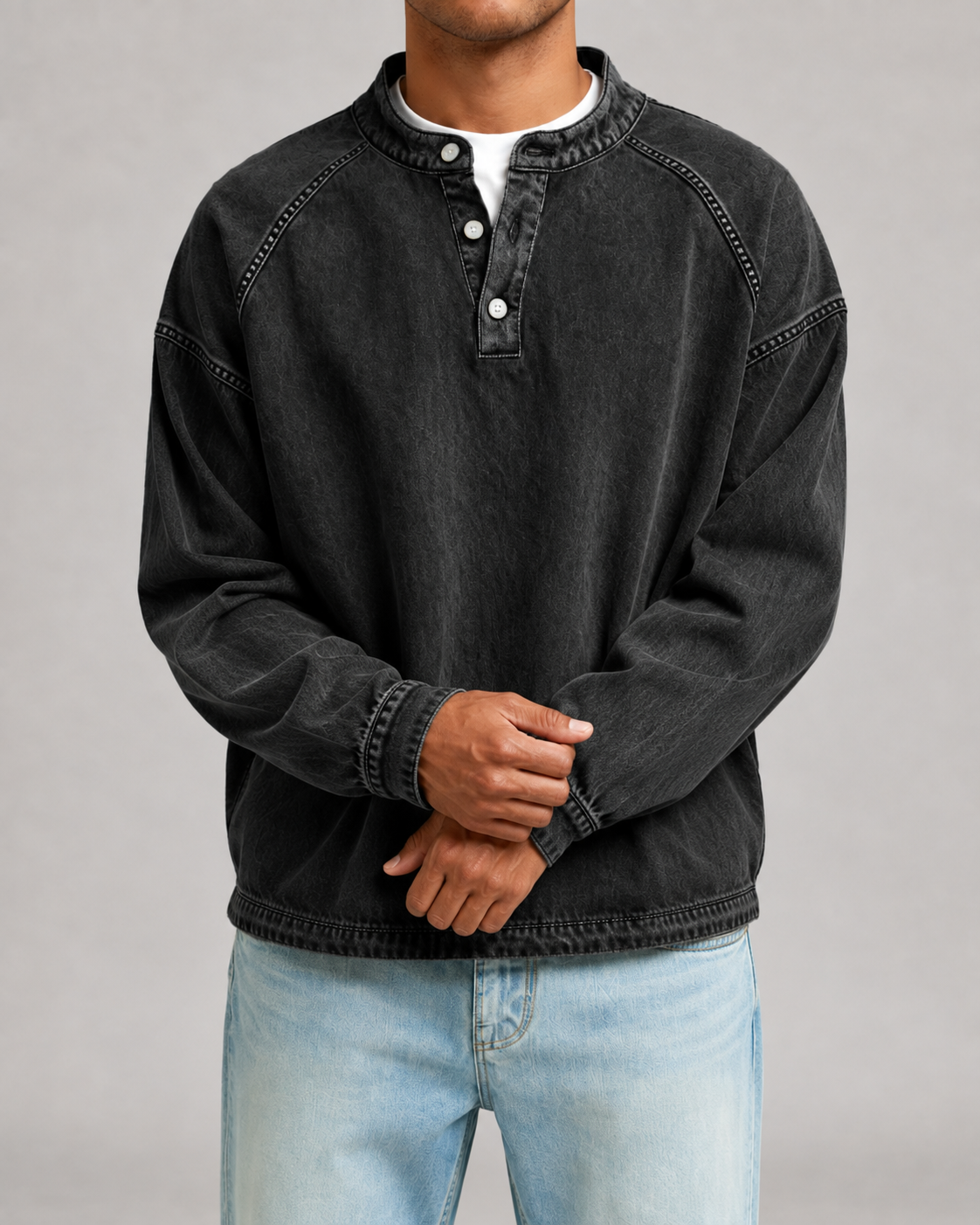 Men's Washed Henley Sweatshirt - Relaxed Fit Button Placket
