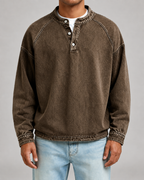 Men's Washed Henley Sweatshirt - Relaxed Fit Button Placket