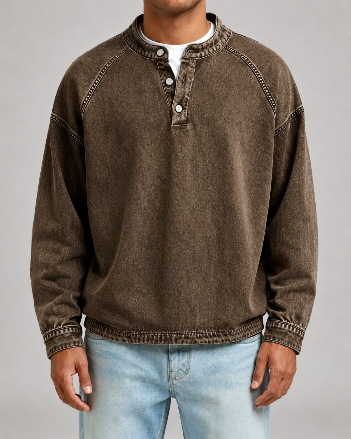 Men's Washed Henley Sweatshirt - Relaxed Fit Button Placket