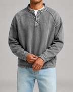 Men's Washed Henley Sweatshirt - Relaxed Fit Button Placket