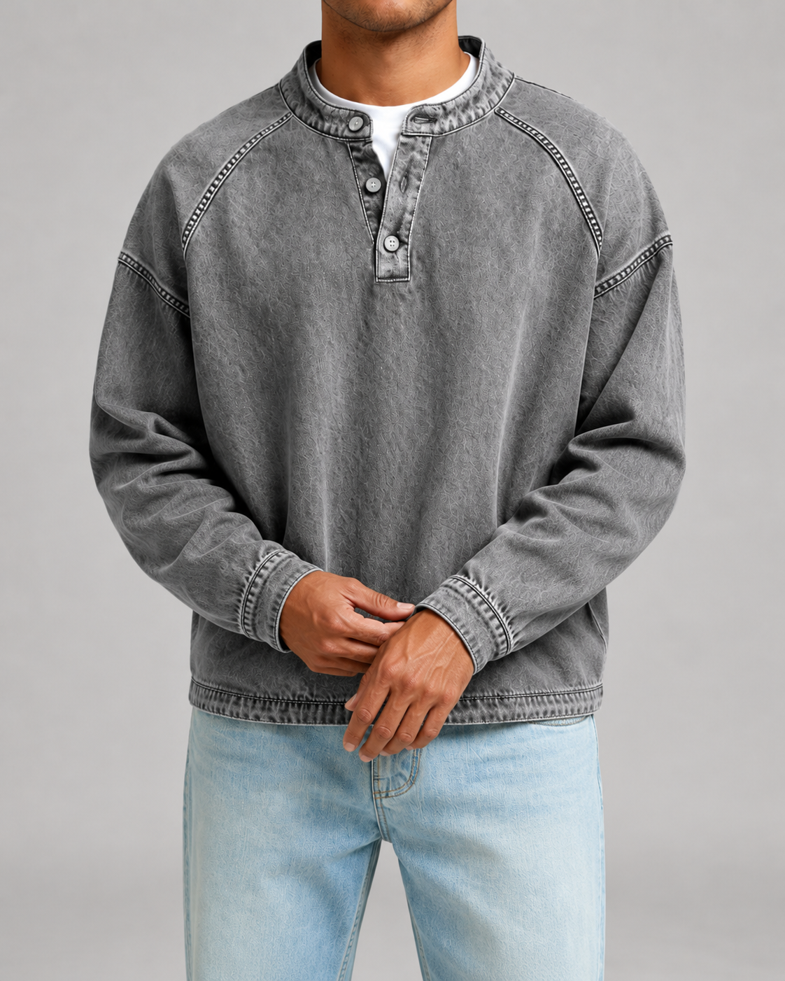 Men's Washed Henley Sweatshirt - Relaxed Fit Button Placket