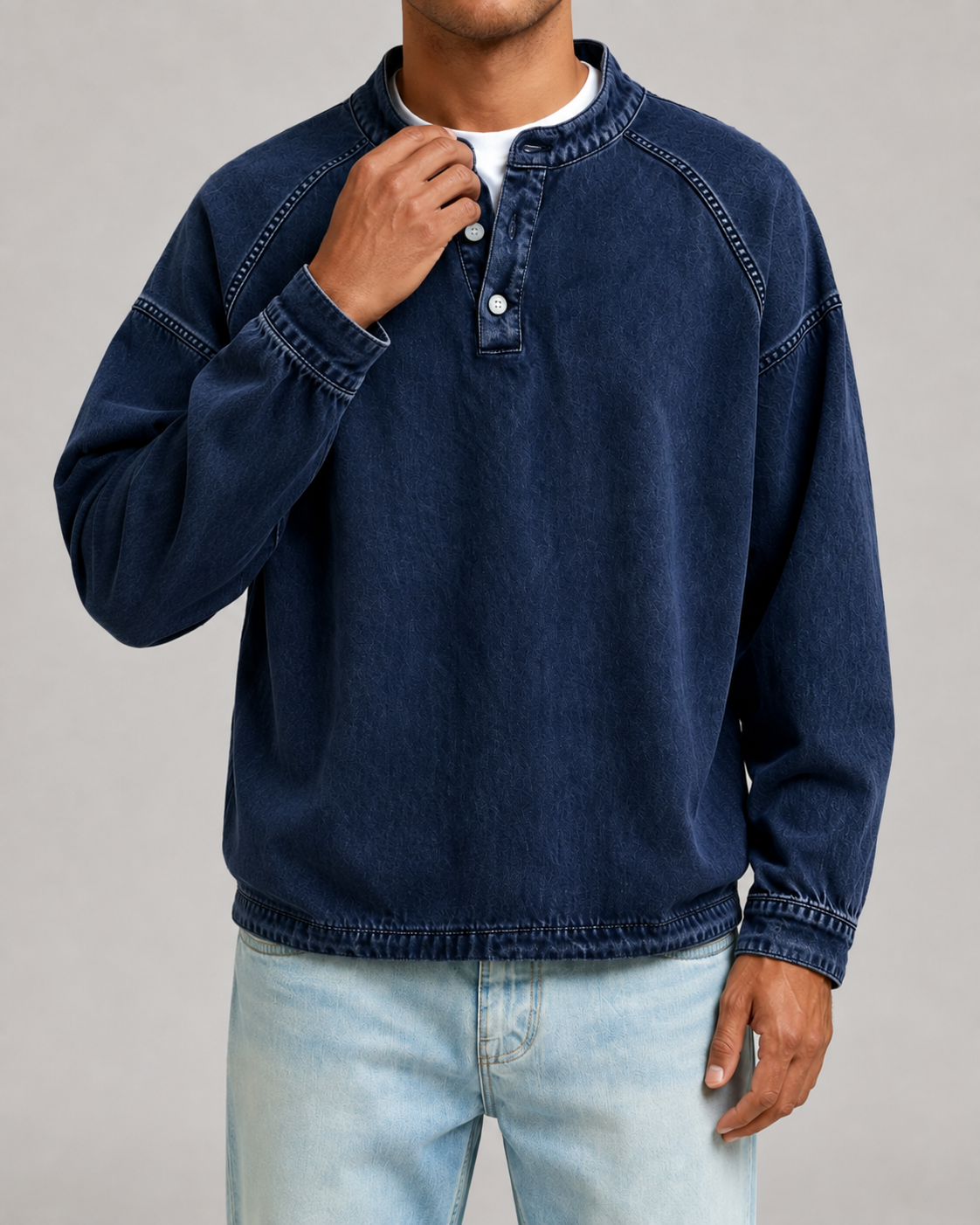 Men's Washed Henley Sweatshirt - Relaxed Fit Button Placket
