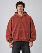 Men's Washed Zip-Up Hoodie – Oversized Fit Vintage Faded Finish