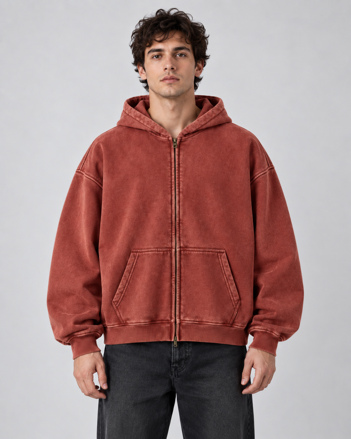 Men's Washed Zip-Up Hoodie – Oversized Fit Vintage Faded Finish