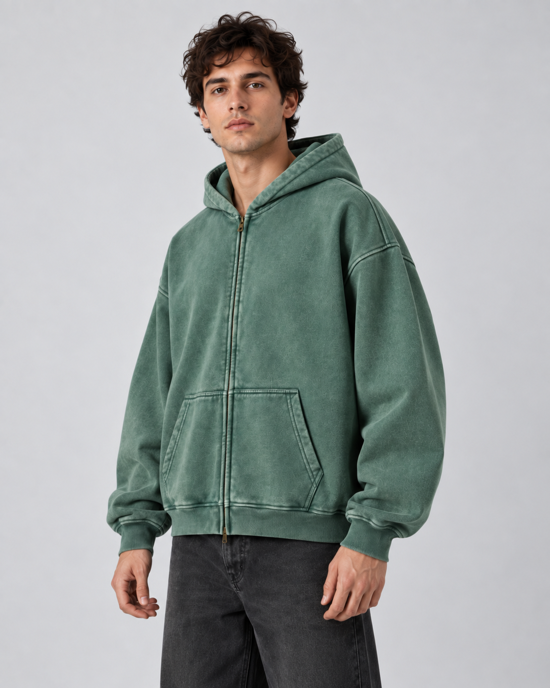 Men's Washed Zip-Up Hoodie – Oversized Fit Vintage Faded Finish