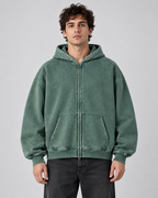 Men's Washed Zip-Up Hoodie – Oversized Fit Vintage Faded Finish
