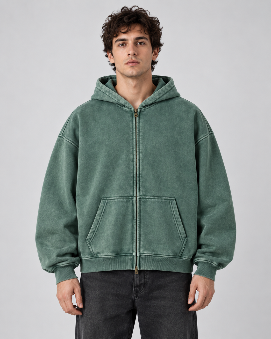Men's Washed Zip-Up Hoodie – Oversized Fit Vintage Faded Finish