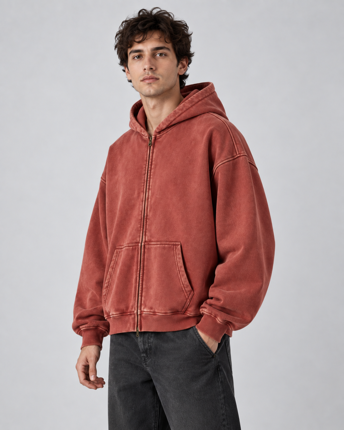 Men's Washed Zip-Up Hoodie – Oversized Fit Vintage Faded Finish
