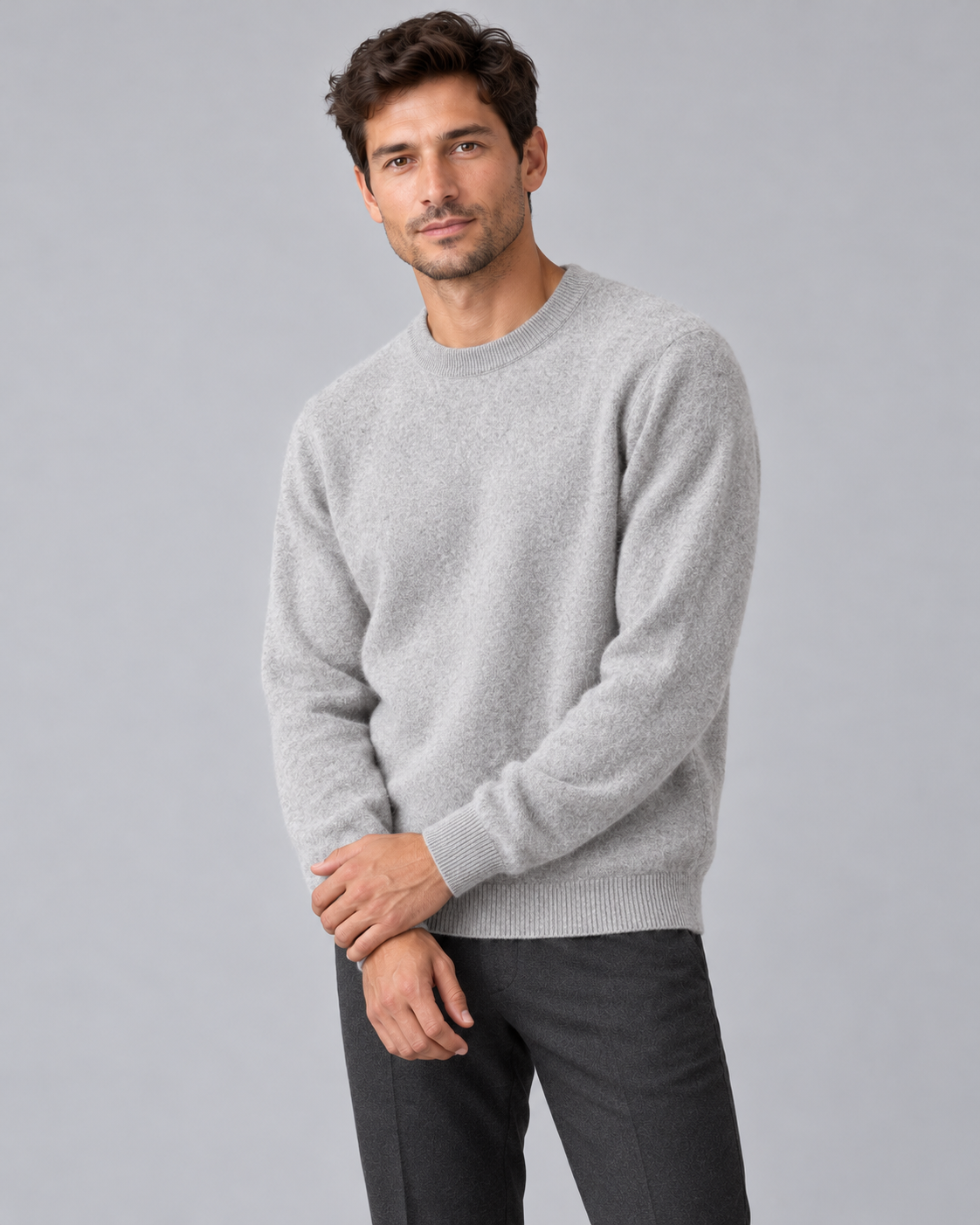 Men's Wool Crew Neck Sweater - Ribbed Trim Long Sleeve Knit