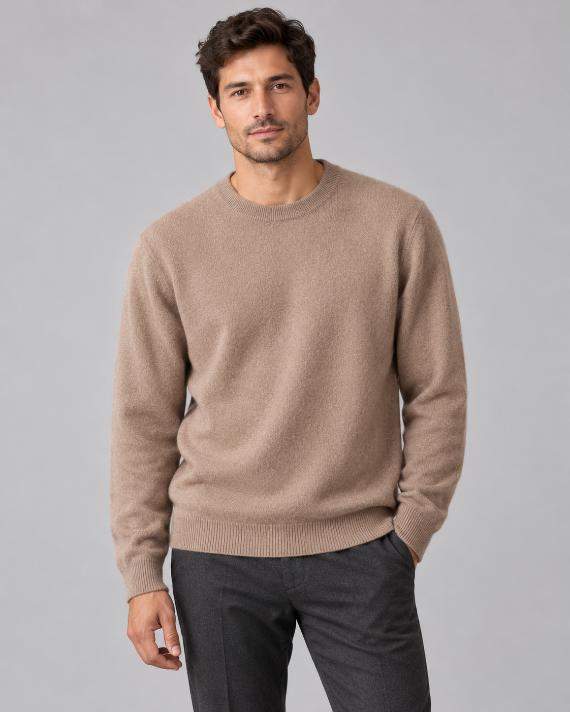 Men's Wool Crew Neck Sweater - Ribbed Trim Long Sleeve Knit