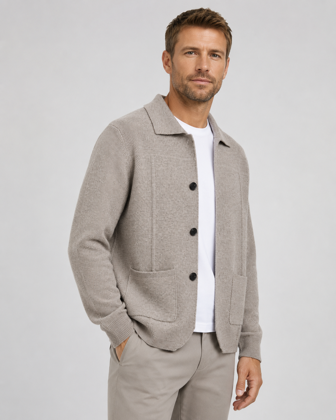 Men's Wool Knitted Overshirt - Textured Knit Button-Front