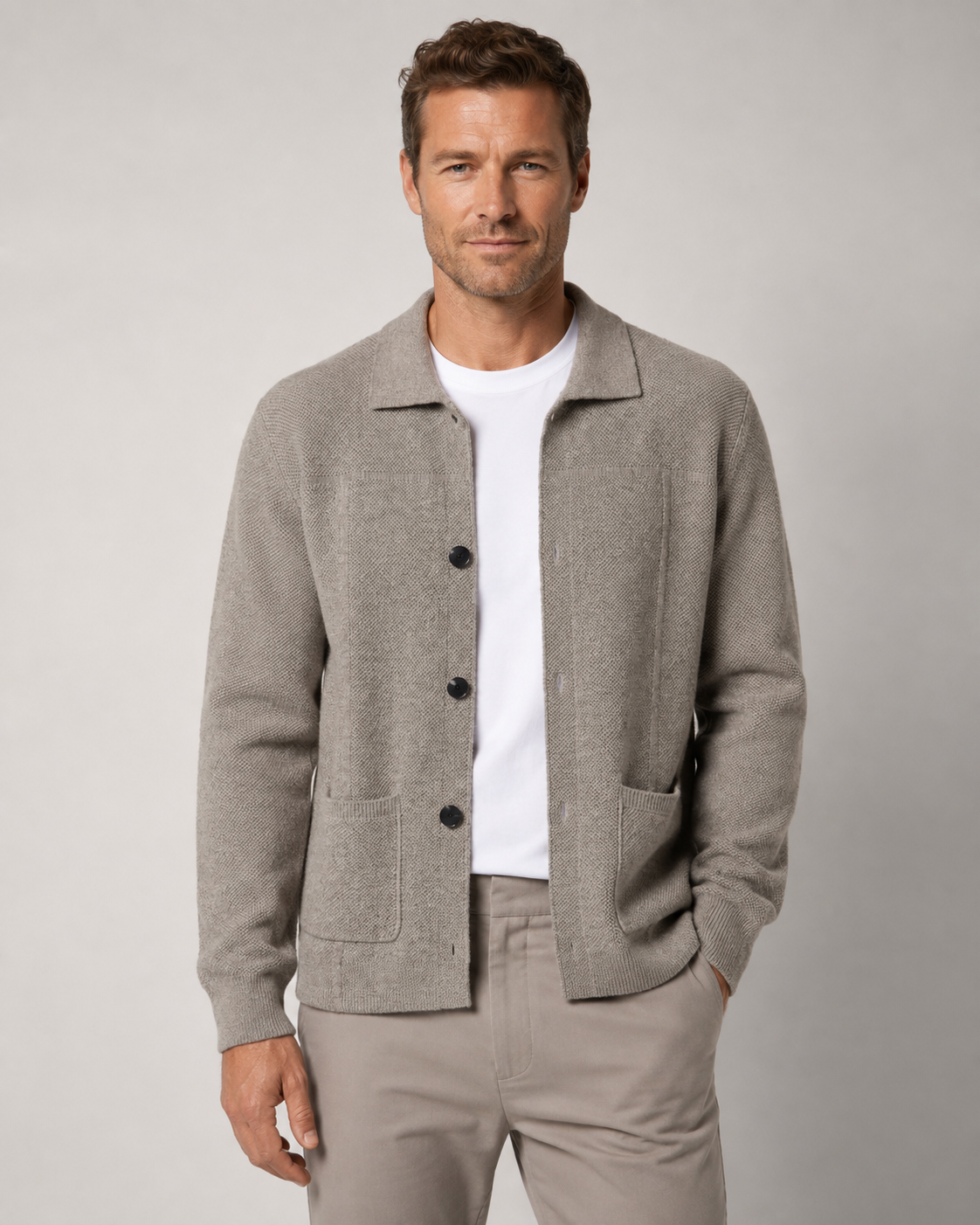 Men's Wool Knitted Overshirt - Textured Knit Button-Front